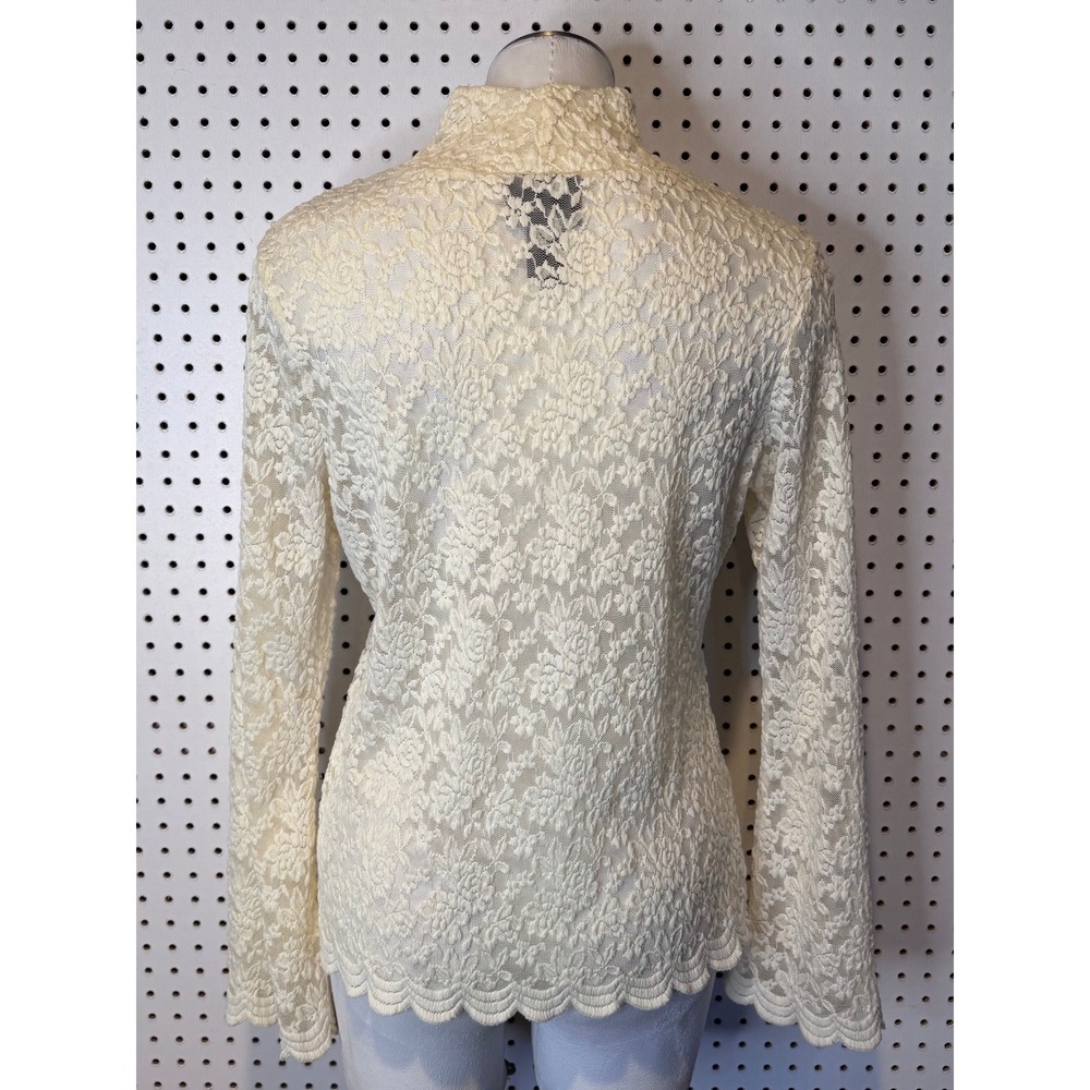 Vintage | 90s Y2K Metrostyle Cream Floral Lace Mock Neck Scalloped Hem Top Sz. M - Picture 2 of 8